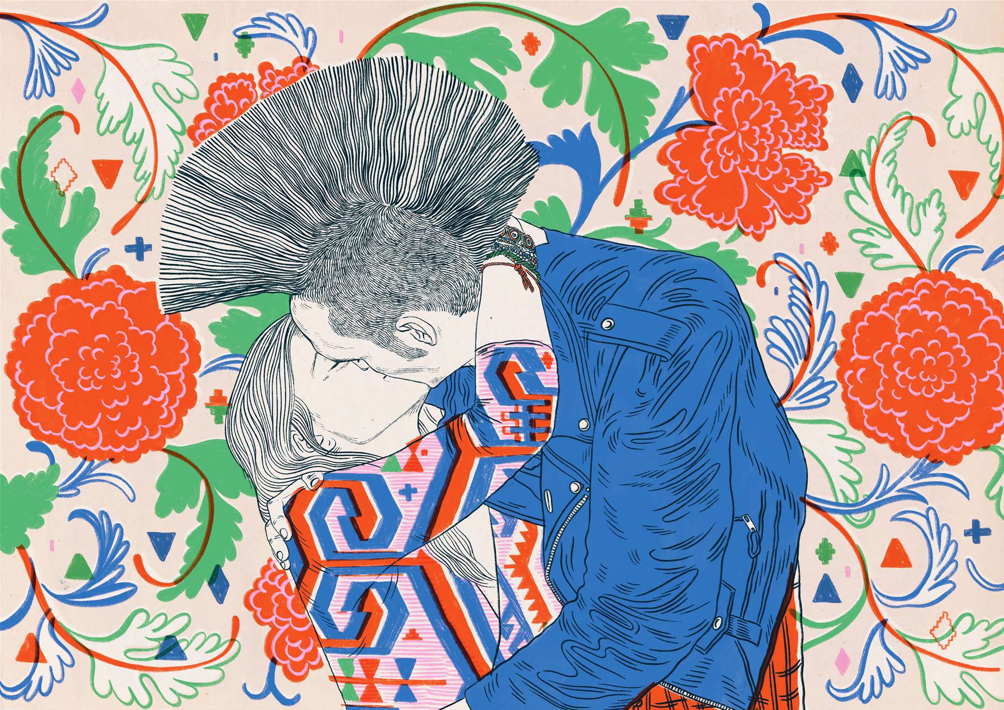 Anna Higgie, Portrait of 2 people kissing with botanical patterns in the background